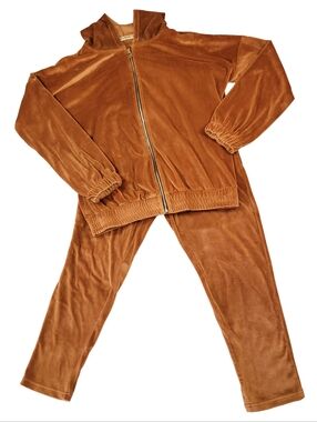 Exclusive Velour 2 Piece Loungewear Set Size Large Rust Brown Zip Hoodie Pants